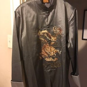 XXL Chinese Grey Silver Silk Dragon shirt jacket